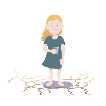 White child suffering from lack of water. Flat vector illustration.