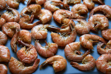 Cooked shrimps on tray