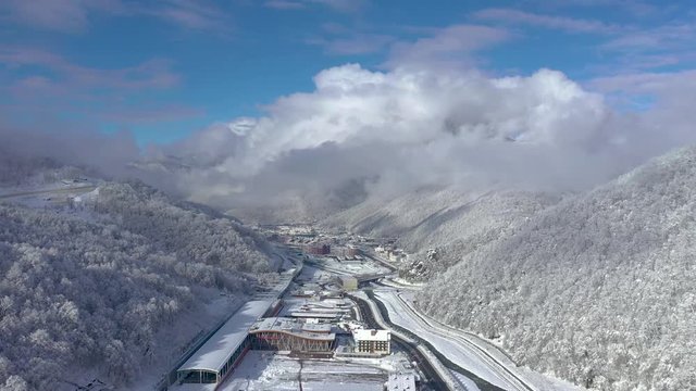 Aerial landscape view of Caucasus Mountains in Gorky Gorod at sunny day, Sochi, Russia.