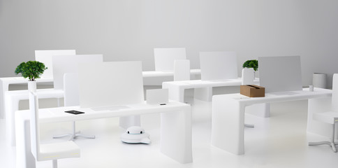 white desk with flat computer white chair. modern office 3d-illustration