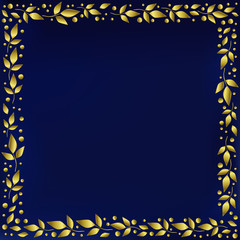 Square background stylized as blue velvet with decorative frame of golden leaves and dots for decoration, scrapbooking paper, wedding invitation, greeting card,text,family tree, certificate,diploma
