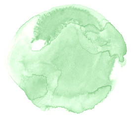 Green pastel watercolor hand-drawn isolated wash stain on white background for text, design. Abstract texture made by brush for wallpaper, label.