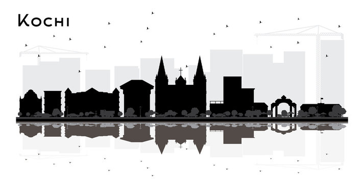 Kochi India City Skyline Silhouette with Black Buildings and Reflections Isolated on White.