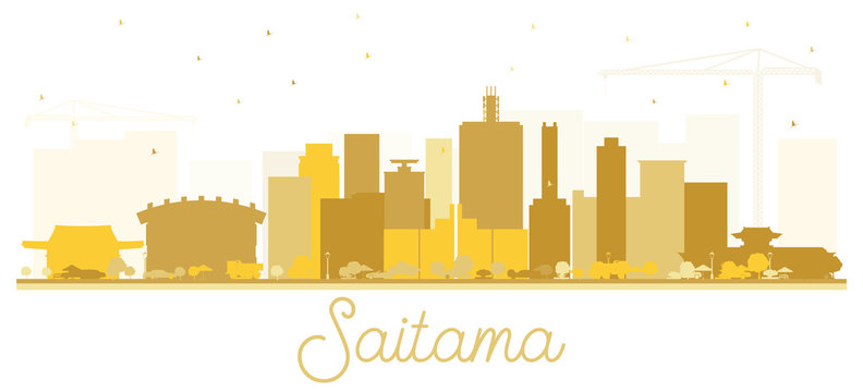 Saitama Japan City Skyline Silhouette with Golden Buildings Isolated on White.