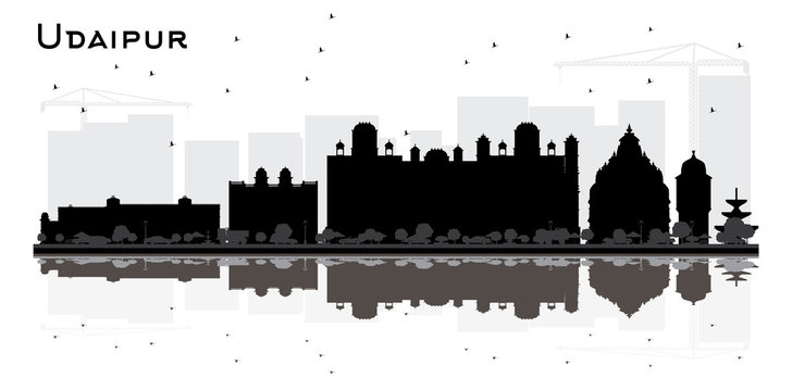 Udaipur India City Skyline Silhouette with BlackBuildings and Reflections Isolated on White.