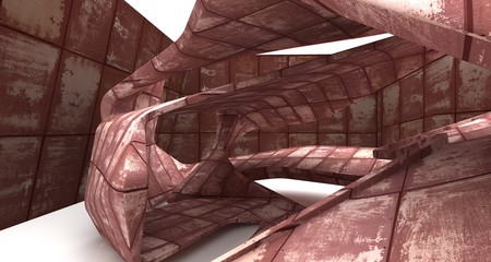 Empty smooth abstract room interior of sheets rusted metal . Architectural background. 3D illustration and rendering