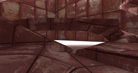 Empty smooth abstract room interior of sheets rusted metal . Architectural background. 3D illustration and rendering