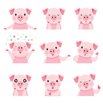Pig Emoticons Icons Set, Year Of The Pig, Food, Piglet, Imoji