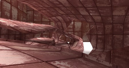 Empty smooth abstract room interior of sheets rusted metal . Architectural background. 3D illustration and rendering
