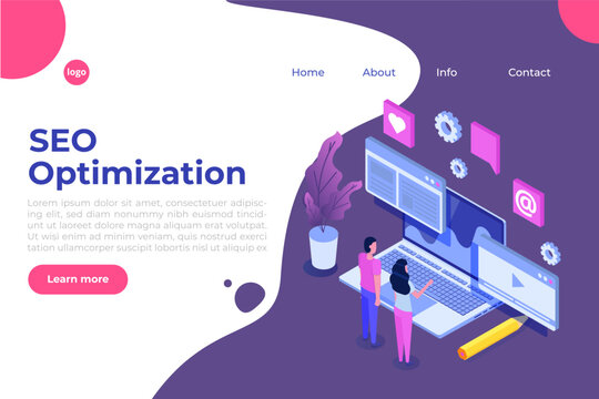  Web seo optimization illustration concept isometric. Landing page template.  Sticker for web banner,  web page, banner, presentation, social media, documents, cards, posters.  