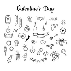 Vector set for Valentine's day. Hand-drawn style. Sweet, flowers, drinks, garland, underwear, rings, grapes, glasses, bird, etc.
