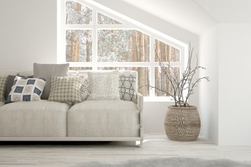 White room with sofa and forest landscape in window. Scandinavian interior design. 3D illustration