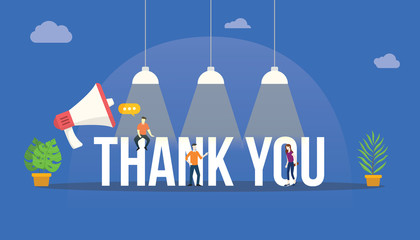 thank you big word with megaphone and team people around the text with lamp shine on top