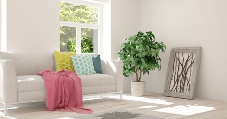Idea of white room with sofa and summer landscape in window. Scandinavian interior design. 3D illustration