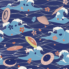 Seamless Pattern with Hand Drawn Stylized Sea Waves, Japanese umbrellas, sakura flowers. Vector Illustration.