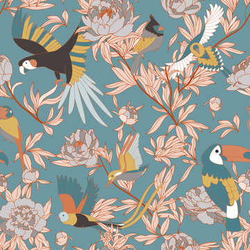 Seamless pattern with peonies and parrots weaving together. Bright tropical pattern, flowering peonies, and birds. on blue
