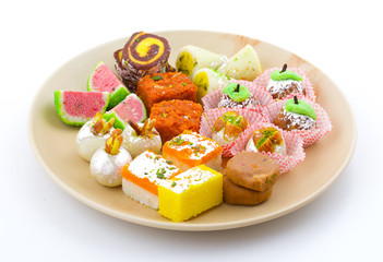 Indian Traditional Mix Sweet Food or Mix Mithai include Peda, Mawa Burfi, Dry Fruits Sweet, Halwa or Coconut Burfi