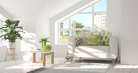 Naklejka premium Pomysł na biały pokój z fotelem i letnim krajobrazem w oknie. Skandynawski wystrój wnętrz. Ilustracja 3D