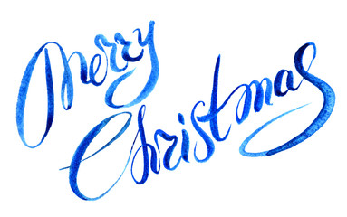 Fototapeta premium text Merry Christmas hand painted blue watercolor lettering
