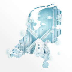 Winter in Amsterdam for travel and tour advertising concept with world famous landmark in paper cut style vector illustration.