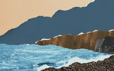 Surreal collage composition made of torn pieces of vintage paper. Seascape with blue colored fragment of water, mountain and gravel in front. Cut out fragments made of linen, craft paper, carton, torc