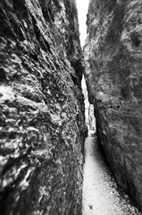 Black and white view of narrow gorge