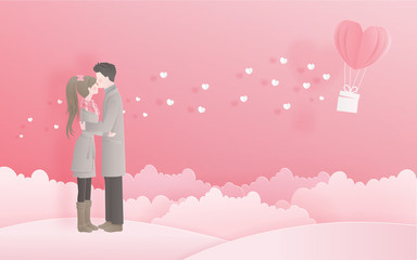 Lovely couple for Valentine's card with love concept in sweet paper cut style vector illustration.