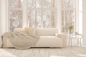 White room with sofa and winter landscape in window. Scandinavian interior design. 3D illustration