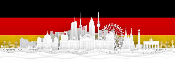Germany flag and famous landmarks in paper cut style vector illustration.