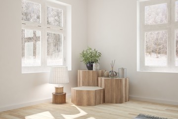 White empty room with winter landscape in window. Scandinavian interior design. 3D illustration