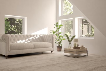 Idea of white room with sofa and summer landscape in window. Scandinavian interior design. 3D illustration