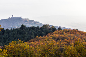 Fototapeta na wymiar Beautiful view of Assisi town (Umbria) and St.Francis church in autumn from an unusual place, behind an hill with orange and yellow trees