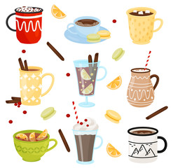 Flat vector set of mugs with hot drinks. Coffee with cinnamon sticks, cocoa with marshmallows, tea and mulled wine