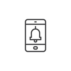 Mobile phone notification outline icon. linear style sign for mobile concept and web design. Tablet screen with bell simple line vector icon. Symbol, logo illustration. Pixel perfect vector graphics