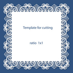 Greeting card with openwork border, paper doily under the cake, template for cutting, wedding invitation, decorative plate is laser cut, vector illustrations.