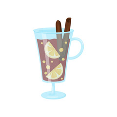 Glass mug of mulled wine with cinnamon sticks, lemon slices and berries. Traditional Christmas drink. Flat vector icon