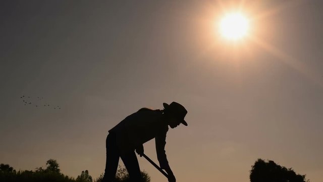 Agriculture life Concept : Black silhouette of a worker holding spade is digging soil at sunset light. Asian farmer holding spade and digging the soil.