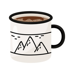 Mug of hot coffee or tea. Tasty beverage. Metal or ceramic cup with mountains print. Flat vector icon