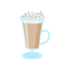 Coffee latte with whipped cream. Glass mug of tasty drink. Delicious beverage. Flat vector design