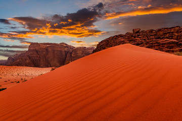 Wadi Rum desert landscape at sunset, Jordan