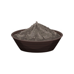 Black pepper powder in ceramic bowl. Spicy condiment. Seasoning for food. Natural spice for dishes. Flat vector design
