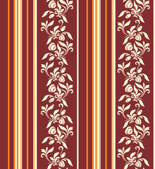 Seamless ornament with vertical stripes and floral pattern in warm colors.