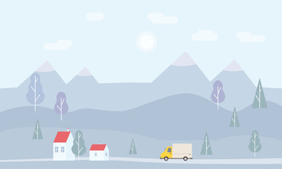 Minimalistic landscape of mountains, trees, houses, background. Concept delivery service, landing. Delivery truck rides on the way to the buyer. Internet delivery, idea, vector, illustration for web