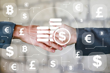 Business button dollar currency on background business partnership handshake concept. Two coworkers...