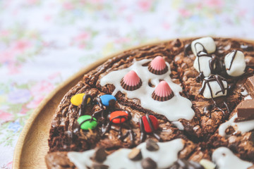 Brownie Dessert Pizza Recipe, Dessert chocolate pizza with dark, milk, white chocolate, Homemade Chocolate Nut Brownie Cake