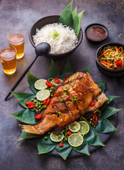 Thai crispy fish with tamarind sauce, copy space