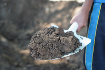 man hand digs soil and soil with a shovel. Close-up, Concept of gardening, gardening.