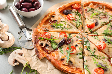 Delicious pizza on table, closeup