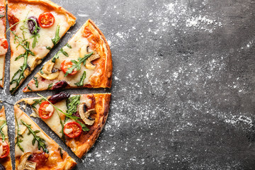 Delicious pizza on grey background