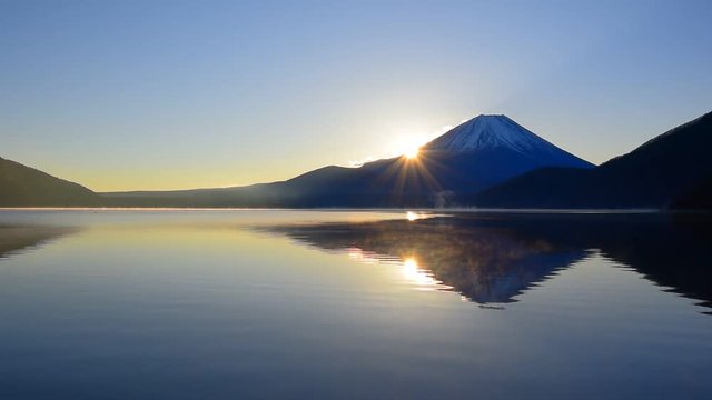 Mt. Fuji and Sunrise from Lake Motosu Japan wide panorama 01/02/2019